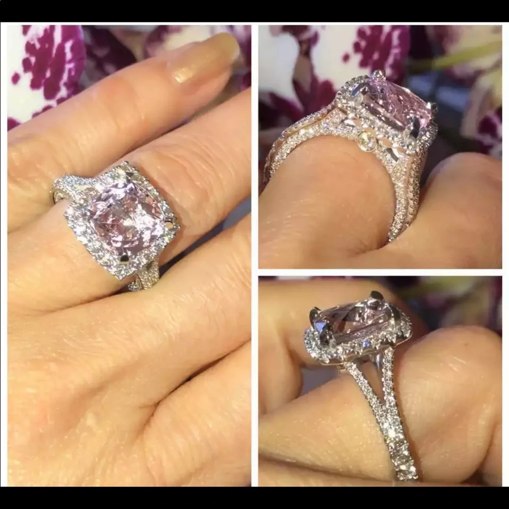 New Luxury 925 Silver Pink Zircon Diamond Ring - Picture 3 of 3